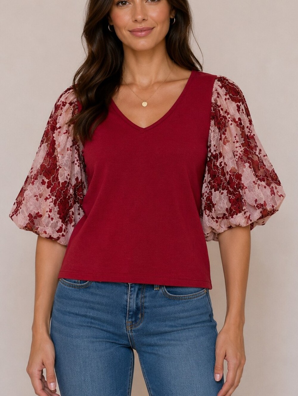 Dolan V-Neck Knit Top with Floral Lace Puff Sleeves ✨ Size S